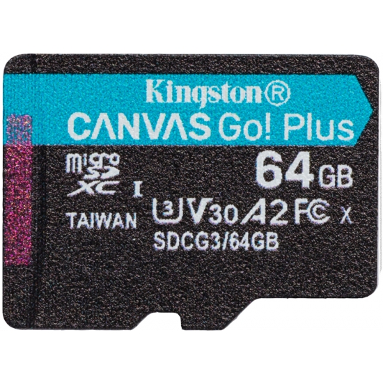 Kingston 64GB Canvas Go Plus Micro SD (SDXC) Card U3, V30, A2, 170MB/s R, 70MB/s W