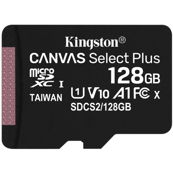 Kingston 128GB Canvas Select Plus Micro SD (SDXC) Card U1, V10, A1, 100MB/s R, 10MB/s W