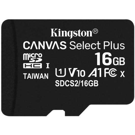 Kingston 16GB Canvas Select Plus Micro SD (SDHC) Card U1, V10, A1, 100MB/s R, 10MB/s W