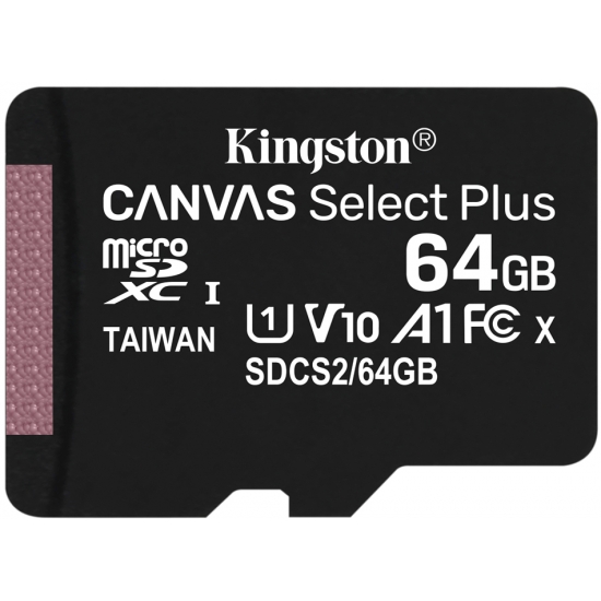 Kingston 64GB Canvas Select Plus Micro SD (SDXC) Card U1, V10, A1, 100MB/s R, 10MB/s W