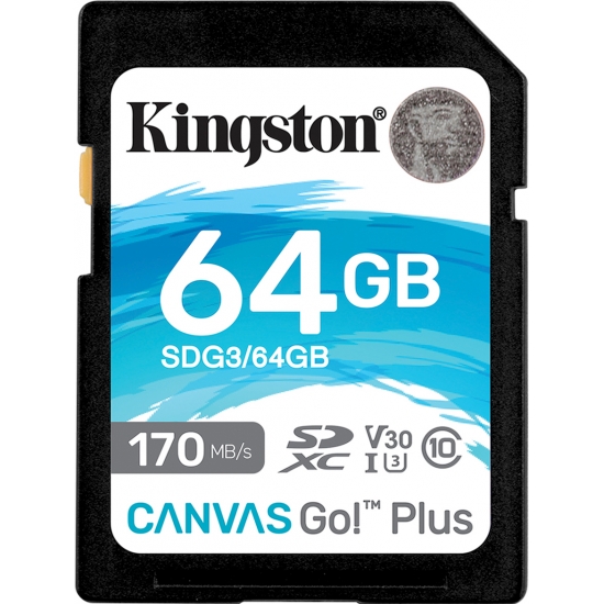 Kingston 64GB Canvas Go Plus SD (SDXC) Card U3, V30, 170MB/s R, 70MB/s W