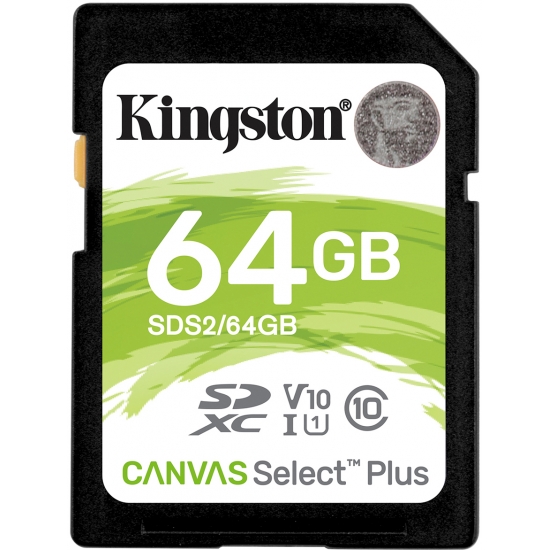 Kingston 64GB Canvas Select Plus SD (SDXC) Card U1, V10, 100MB/s R, 10MB/s W